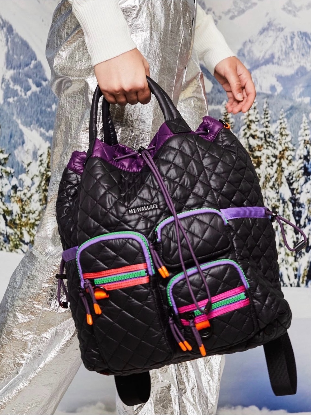 MZ Wallace Black Quilted Tote-Backpack with Purple Trim and Neon Zippers
